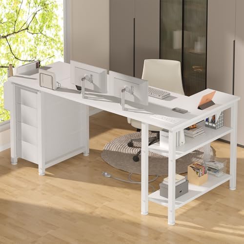 Lufeiya White L Shaped Desk with Drawers & Storage Shelves, 55 Inch Corner Computer Desk with Power Outlet for Home Office Bedroom, L-Shaped Teen PC Desks with Fabric Drawer, White - Image 5