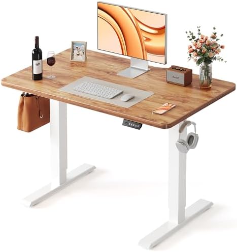 FEZIBO 40 x 24 Inchs Electric Standing Desk, Height Adjustable, Sit Stand Up, Computer Office Desk with Splice Board, White Frame/Light Rustic Top by FEZIBO