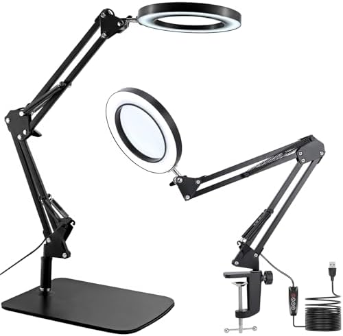 15X Magnifying Glass with Light, Table Lamp with Stand and Clamp, 2-in-1 LED Desk Lamp with Magnifier, 3 Color Modes, 72 LEDs, Real Glass Lens for Close Works, Craft, Hobby, Painting, Reading, Repair by SooBuyGoo