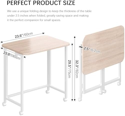 JSB Folding Desk for Small Spaces,Mobile Portable Rolling Laptop PC Table on Wheels,Foldable Computer Desk for Home Office,Bedroom,Dorm,Space Saving (Natural & White, 23.6") - Image 4