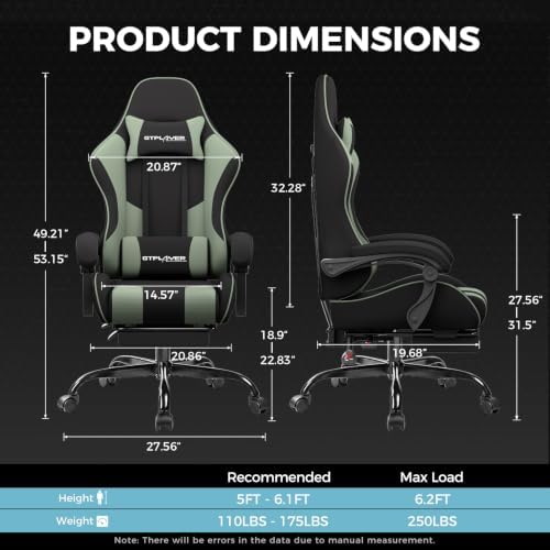 GTPLAYER Gaming Chair, Computer Chair with Footrest and Lumbar Support, Height Adjustable Game Chair with 360°-Swivel Seat and Headrest and for Office or Gaming (Green, Fabric) - Image 3