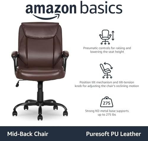 Amazon Basics Classic Puresoft PU Padded Mid-Back Office Chair with Armrest, Height Adjustable, Wheels, 25.75"D x 24.25"W x 42.25"H, Brown - Image 4