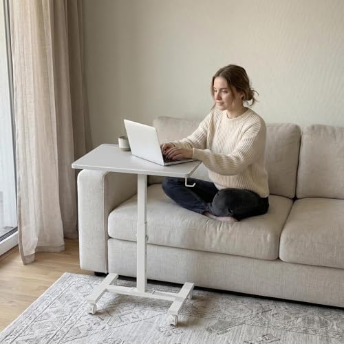 WINAZ Small Portable Rolling Desk Adjustable Height, 24 Inch Mobile Laptop Desk with Wheels for Dorm Room, C-Shaped Table for Sofa and Bed Side, Study Table for Students, White - Image 2