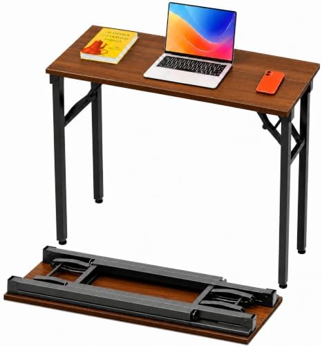 Folding Table Computer Desk - 35.8" No Assembly Folding Desk Design and Foldable Office Desk, Small Desk for Bedroom, Compact Storage Portable Use for Dorm and RV Small Space, Dark Walnut by HMFOR