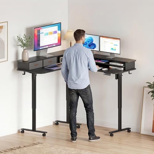 2-Tier L Shaped Electric Standing Desk with Drawers, 63 x 55 Height Adjustable Desk with Memory Controller, Storage, Ergonomic Corner Desk Sit Stand up Computer Table for Home Office, Black - Image 2