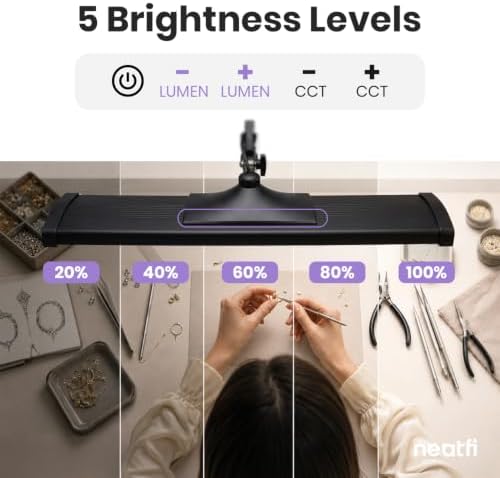 Neatfi Pro LED Desk Lamp with Clamp | 2,300 Lumens | CRI 95 | 30W Dimmable | Adjustable Color Modes | 360 LED Beads | Adjustable Arm for Home Office & Workbench (Black-5, 24-Inch Wide Shade) - Image 4
