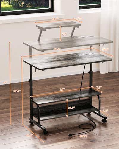 Height Adjustable Standing Desk with Power Outlets and LED Lights - 32" Manual Stand Up Desk with Monitor Stand and Storage Shelves Small Mobile Rolling Computer Desk Portable Laptop Table, Grey Oak - Image 3