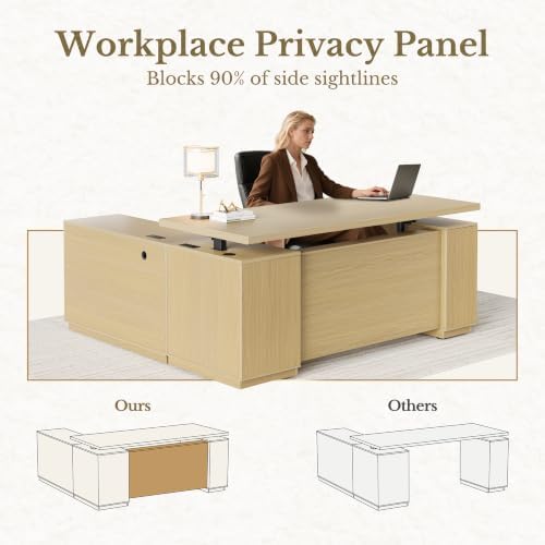 Standing Desk with File Cabinet, 70 Inch L Shaped Electric Height Adjustable Executive Desk with AC/USB and Privacy Panel, Computer Corner Table for Home Office, Light Walnut - Image 6