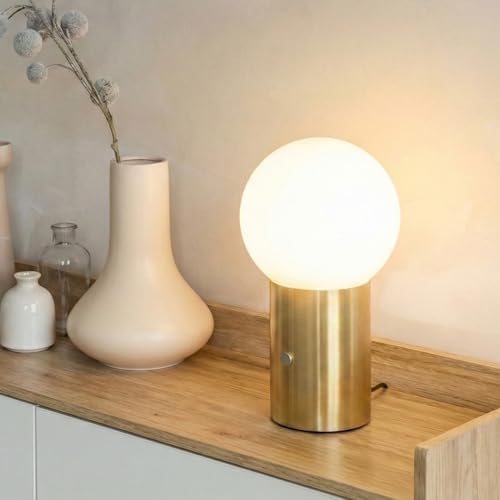 Brightech Kai LED Table Lamp with USB Port - Small Bedside Reading Modern Desk Lamp, Nightstand Light with Ambient Lighting for Bedroom, Living Room, Office - Modern Globe Lamp Shade, Brass Finish by Brightech
