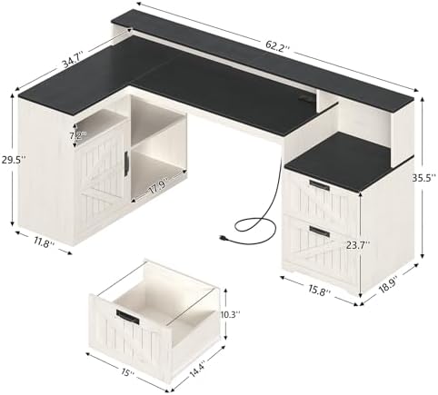 63" Farmhouse L Shaped Desk with Drawers and Printer Stand for Home Office - Image 2