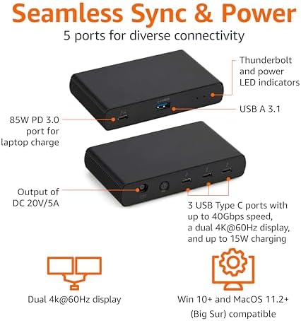 Amazon Basics Thunderbolt 4 Docking Station, Dual 4K@60Hz Display Support, 85W Power Delivery, 3X Downstream TBT4, 1xUSB A 3.1, Mac/Windows Compatible, Black, 4.76 x 2.84 x 0.86 inches - Image 2