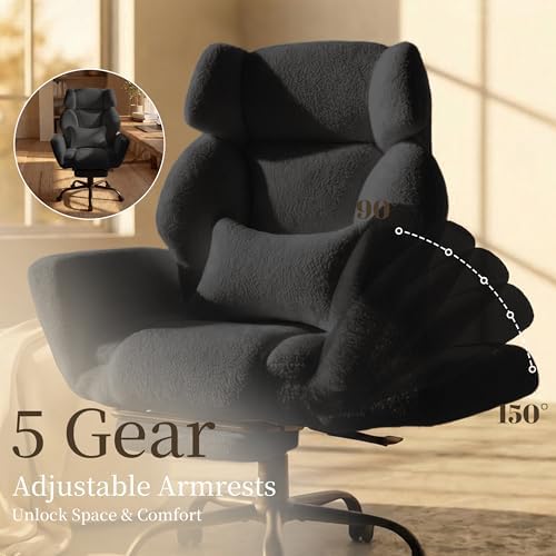 Office Chair with Flip Armrests,Big and Tall Office Chair with Foot Rest,Extra Wide Seat & Lumbar Pillow,Comfy Criss Cross Chair for Pets Sitting,Ergonomic Computer Gaming Chair,Teddy Fleece,Black - Image 4