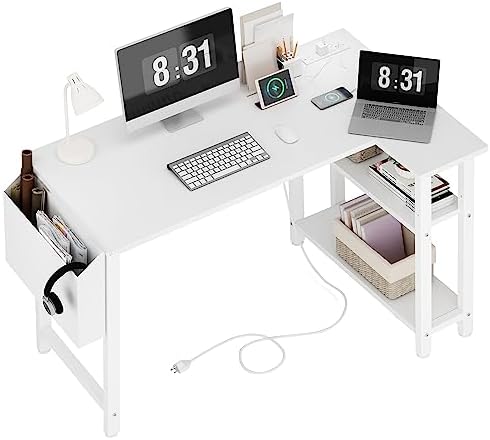 Lufeiya White L Shaped Computer Desk with Power Outlet Shelves, 40 Inch Small Reversible Corner Desk for Small Space Home Office, L-Shaped Desk PC Desks, White by LUFEIYA