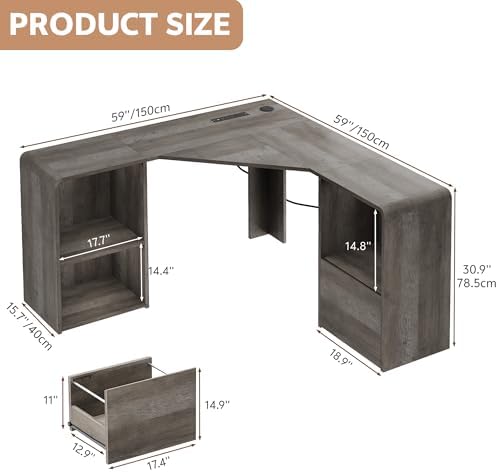 59'' Reversible L-Shaped Computer Desk, Grey - Image 2