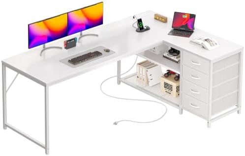 PRAISUN 61" L Shaped Desk with Power Outlets & 4 Drawers by PRAISUN