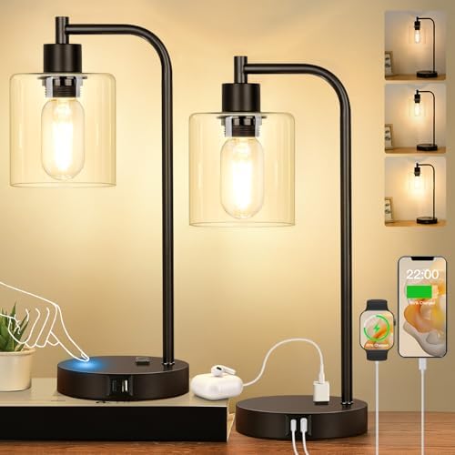 Industrial Touch Control Table Lamps Set of 2 - Black Bedside Lamps with 2 USB Ports and AC Outlet, 3-Way Dimmable Nightstand Desk Lamps for Bedroom Living Room, Glass Shade & 2 LED Bulbs Included by Nintiue