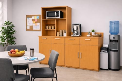 BREAKtime Breakroom Cabinet with 4-Door Base Storage & Upper Hutch, Microwave Space, Commercial-Grade, Fully Assembled, 72" W x 24" D x 75" H, Appliances Not Included, Beech - Image 2