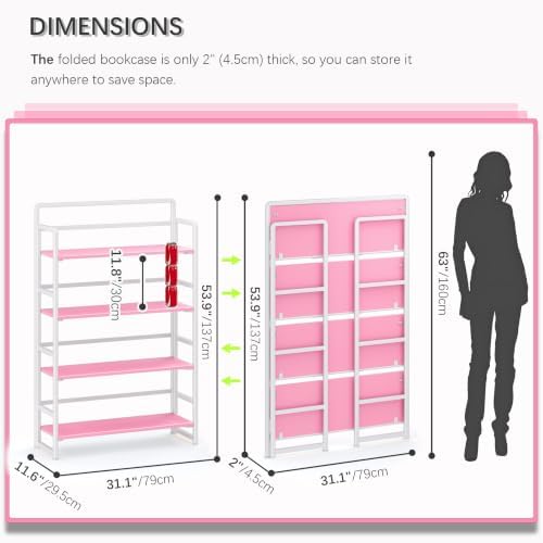 4NM No Assembly Extra Wide 4 Tier Folding Bookshelf Storage Shelves Vintage Bookcase Standing Racks Study Organizer Home Office - Image 2
