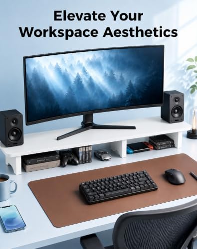 Aothia 43 in White Dual Monitor Stand, Monitor Riser for Desk, Solid Wood - Image 6