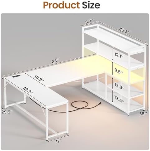SEDETA 63” Reversible White L Shaped Computer Desk with Storage, Bookshelf - Image 2