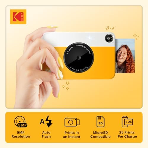 KODAK Printomatic Full-Color Instant Print Digital Camera, Zink 2x3" (5.1x7.5 cm) Sticky-Back Photo Paper, 5MP, Portable, Creative Fun Gift for Birthday, Christmas, Holiday, Yellow - Image 2