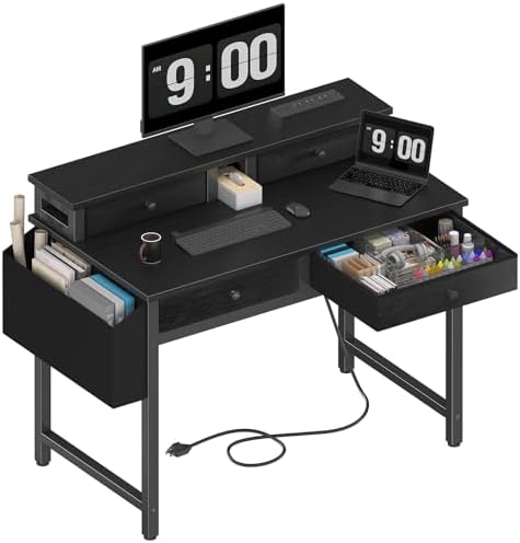 Lufeiya Small Desk with Drawers for Home Office Bedroom, 31 inch Black Writing Study Desks with Fabric Drawers Storage, Gaming Desk Table with Power Outlet & Monitor Stand, Black by LUFEIYA