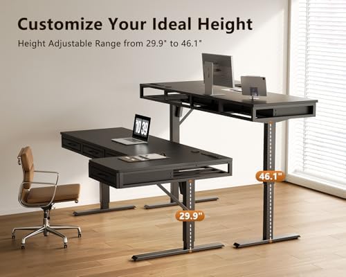OffiGo 63 Inch L Shaped Standing Desk with 4 Wooden Drawers, Black - Image 5