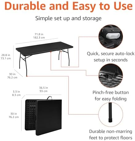 Amazon Basics Heavy Duty Portable Folding Table, 6 ft, Indoor & Outdoor, Fold-in-Half Design with Carrying Handle, for Events, Easy Folding and Storage, Black - Image 2