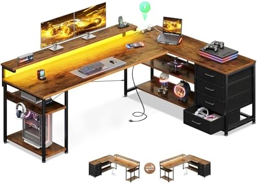 AODK 69 Inch L Shaped Computer Desk with 4 Drawers, LED Lights, Vintage by AODK
