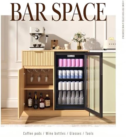 Mini Fridge Cabinet with Power Outlet, Coffee Bar Cabinet with Fridge Space & Wine Glass Rack, Fluted Buffet Sideboard with Drawer & Adjustable Shelf, Home Bar Cabinet for Living, Dining Room Kitchen - Image 3