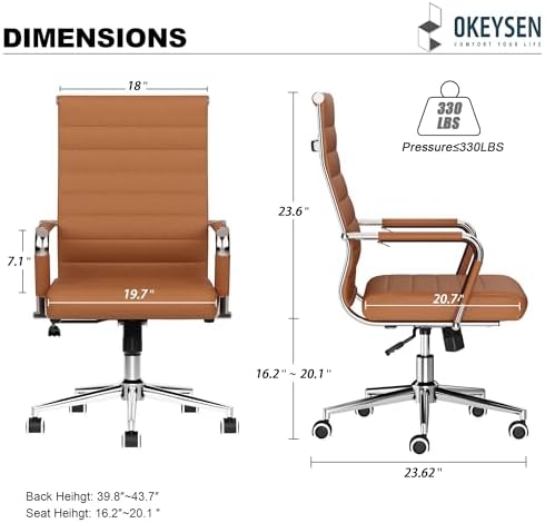 Okeysen Office Desk Chair, Ergonomic Leather Modern Conference Room Chairs, Executive Ribbed Height Adjustable Swivel Rolling Chair for Home Office Set of 1. (Brown) - Image 3