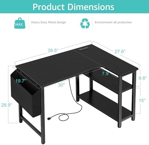 Lufeiya Small L Shaped Desk with Power Outlet Shelves, 40 Inch Corner Computer Desk for Small Space Home Office, L-Shaped Gaming Desk PC Desks with Charging Station, Black - Image 3