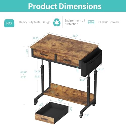 Small Portable Standing Rolling Desk - 32 Inch Adjustable Mobile Stand Up Teacher Desks with 2 Fabric Drawers on Wheels, Couch Sofa Side Laptop Table with Storage for Bedroom Home Office, Rustic Brown - Image 3