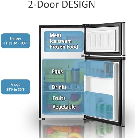 Saeoola Mini Fridge with Freezer, 3.2 Cu.Ft, 2 Doors Compact Mini Refrigerator with Separate Freezer for Dorm, Bedroom, Office, Apartment with 7-Level Temperature Control, Removable Shelves (Sliver) - Image 3