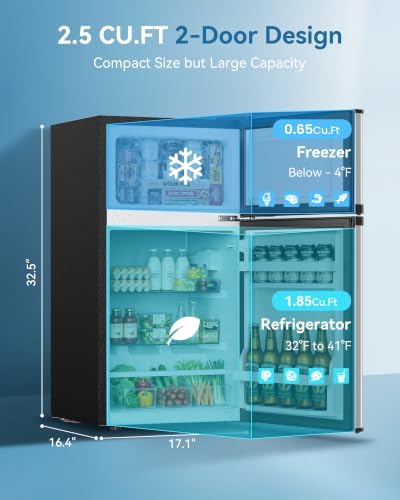 Feelfunn 2.5 Cu.Ft Mini Fridge with Freezer, 2 Door Dorm Fridge, Silver - Image 2