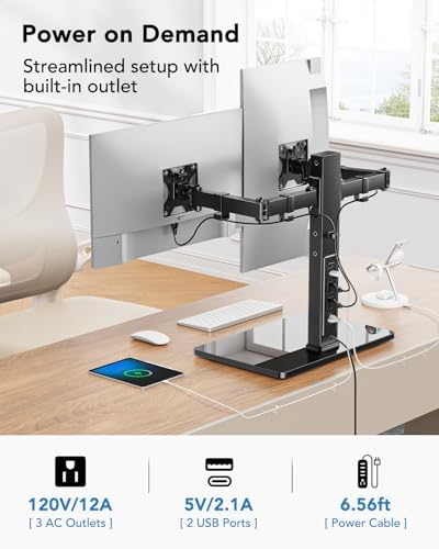 HUANUO Dual Monitor Mount with Power Outlet, Computer Monitor Stand with Sturdy Glass Base, Full Motion Dual Monitor Stand with Adjustable Height, Supports 13″-32″ Displays up to 22 lbs, Easy Setup - Image 3