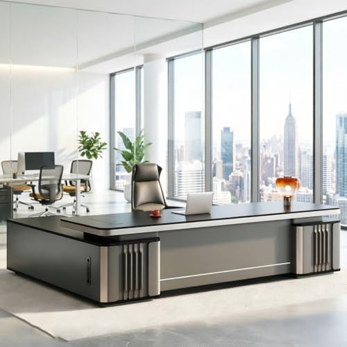 Executive Office Desk with Storage Cabinet,Modern l Shaped Executive Desk,50MM Thick Desktop for CEO Office, Reception & Commercial Workspace by Unknown
