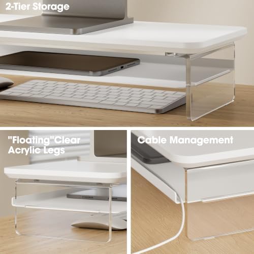 Fenge 23.6" Monitor Stand with Clear Acrylic Legs, White - Image 3