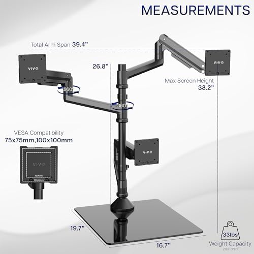 VIVO Pneumatic Arm Triple Ultrawide Monitor Desk Stand for Up to 49 inch Screens with Tempered Glass Base, Holds 3 Ultra Wides Up to 33 lbs Each, Black, STAND-V300FG - Image 3