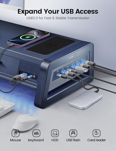 Vaydeer All-in-One Dual Monitor Stand Riser with 2 Drawers, 8USB Ports and Wireless Charging Pad with LED Light Strip for 2 Monitors , Desk Organizer for PC, iMac (Metal, 39.3 inches) - Image 3