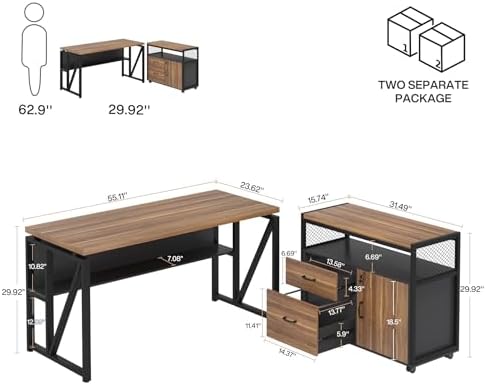 Tribesigns 55-inch L Shaped Desk with Drawer Cabinet, Executive Computer Desk and lateral File Cabinet, 2 Piece Home Office Furniture with Drawers for Hanging File, Doors with Locks (Brown, 55 inches) - Image 2