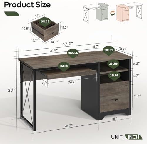 Bestier 47" Office Desk with Drawers, Industrial Computer Desk with Drawer, Reversible Teacher Desk with Storage & Keyboard Tray for Small Space Home Office & Studio, Gray Wash - Image 2