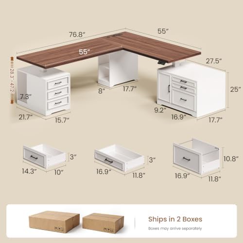 SEDETA Farmhouse L Shaped Electric Standing Desk with File Cabinet, 77 x 55'' Height Adjustable Home Office Computer Desk with 6 Drawers, Power Outlet, Sit Stand Desk, White - Image 2