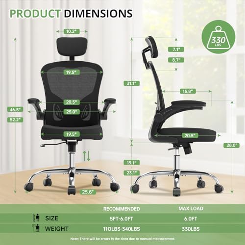 Office Chair Ergonomic Desk Chair, 330LBS Capacity, High Back Computer Chair for Long Hours Comfortable, Rolling Swivel Executive Task Chair for Home Office with Flip-up Armrests, Black Black-Chrome - Image 2