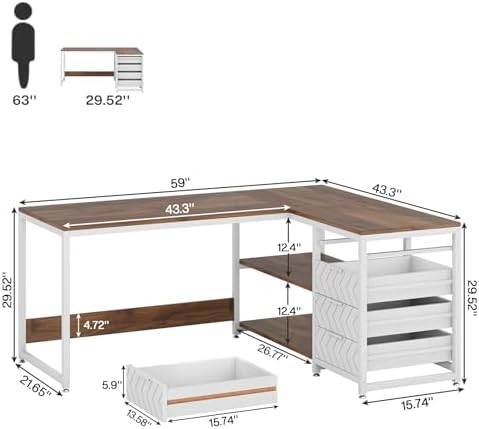 Tribesigns L Shaped Computer Desk with Storage Drawers, 59 inch Corner Desk with Shelves, Reversible L-Shaped Office Desk Study Writing Table Workstation for Home Office, Walnut & White - Image 2
