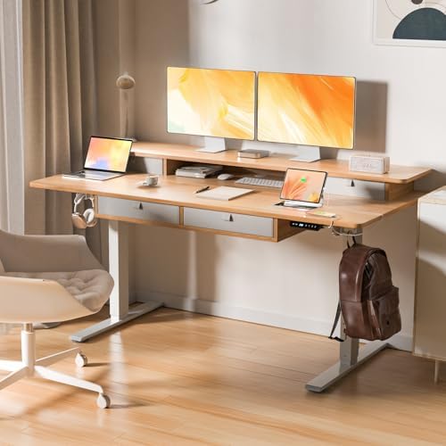 63 x 30 Inch Electric Standing Desk with 4 Drawers, Natural - Image 2