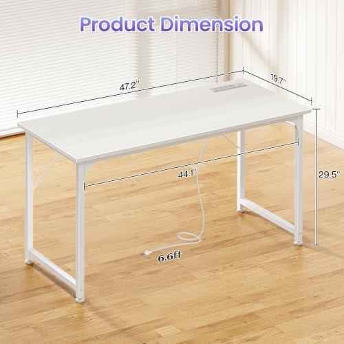PRAISUN 47 X 20 Inch Computer Desk, Power Outlets, USB-C, White - Image 3