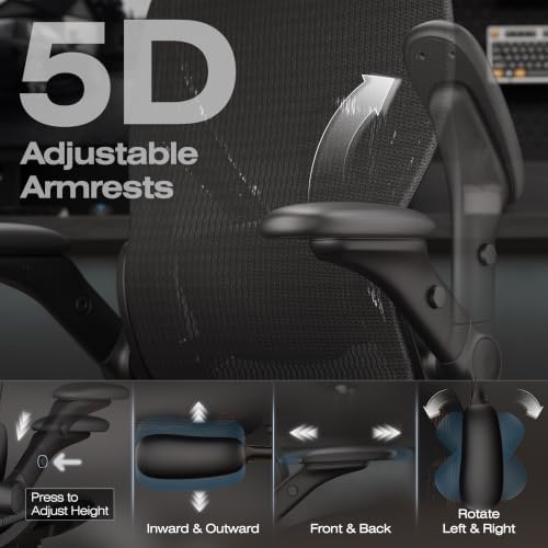 ELABEST X100 Ergonomic Mesh Office Chair with Footrest, Big and Tall Home Desk Chair with 5D Flip-Up Arms, Adjustable 3D Lumbar Support, Gaming & Executive Computer Chair (Night Reaper) - Image 5