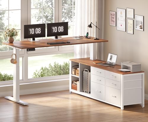 SEDETA L Shaped Electric Standing Desk, 55" x 55" Height Adjustable Office Executive Desk with 6 Fabric Drawers and Storage Shelves, Sit Stand Computer Desk with Power Outlet (White + Brown) - Image 2