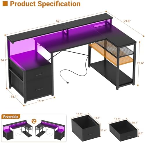 Aheaplus L Shaped Desk with File Drawer, Reversible L Shaped Gaming Desk - Image 2